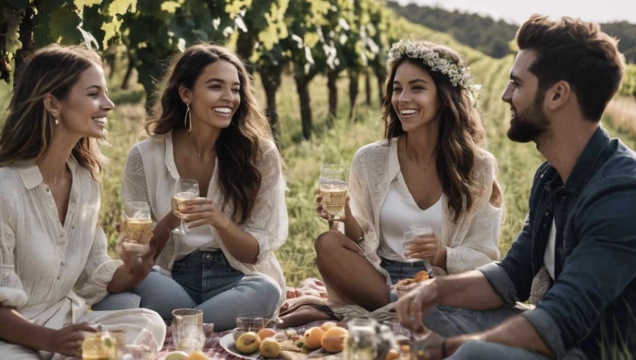 Group of friends enjoying a picnic in a sunny vineyard in Washington.